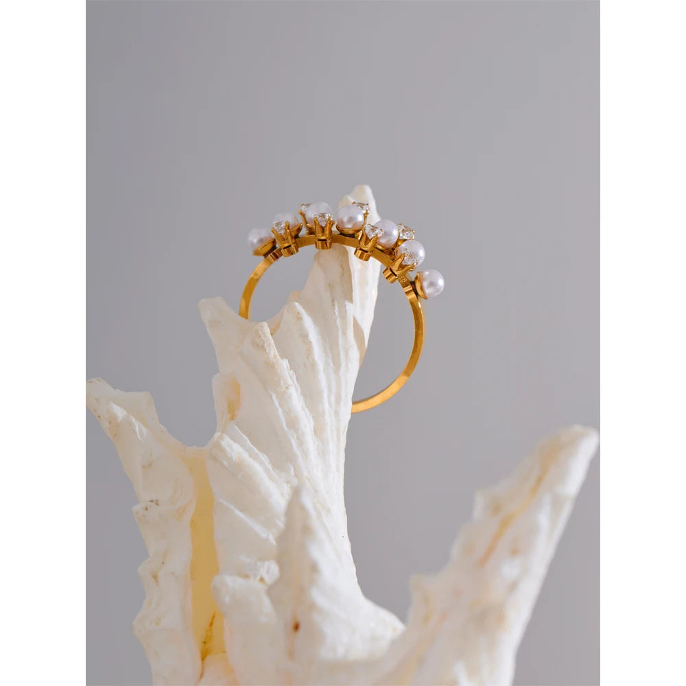 Yhpup delicado moda imitação de pérolas zircônia anel dourado ajustável para mulheres temperamento de aço inoxidável joia diária presente