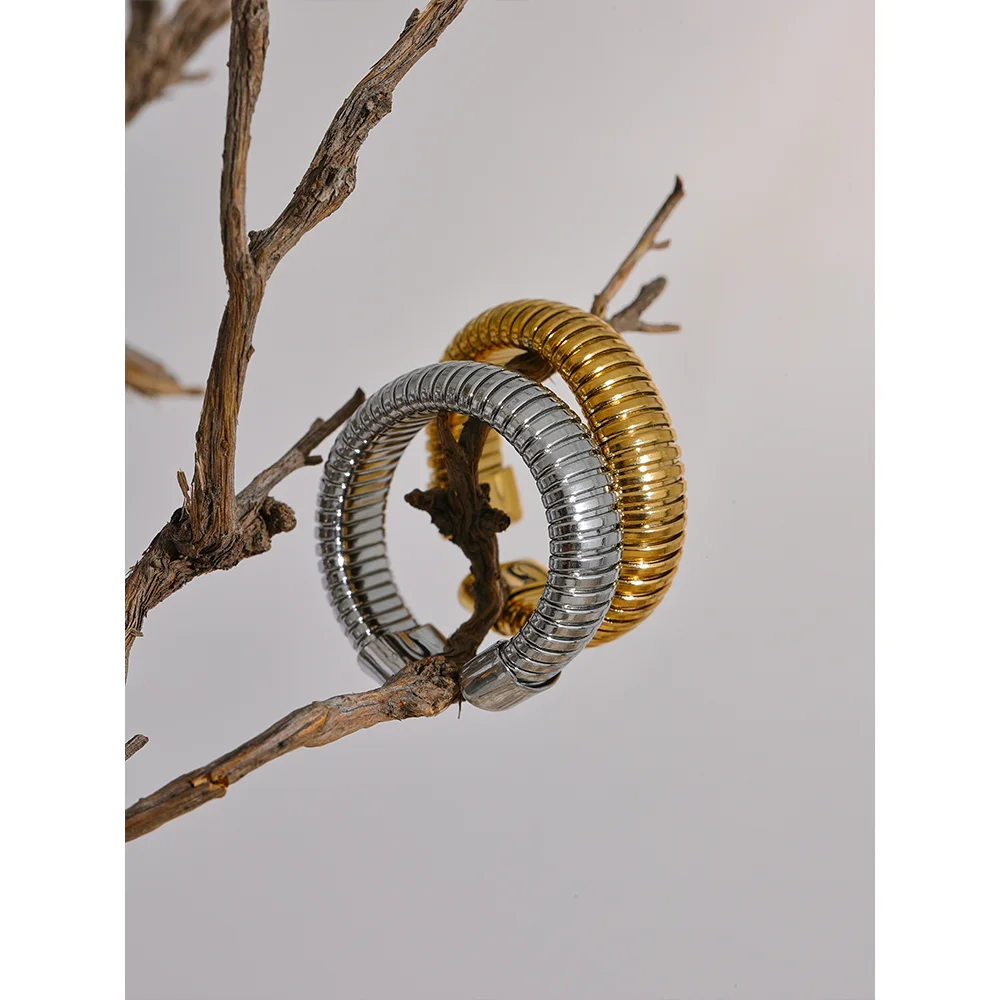 Yhpup moda aço inoxidável redondo elástico aberto anel minimalista 18k pvd banhado metal clássico textura jóias anillo bijoux