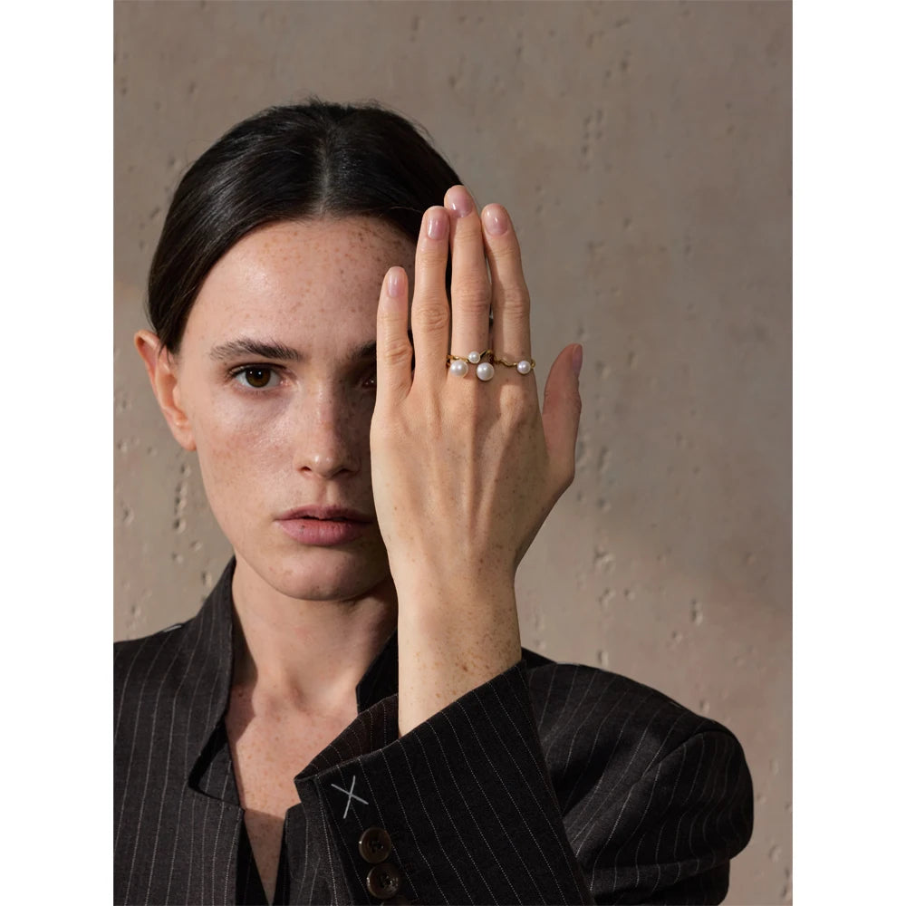 Yhpup 6789 # Anel ajustável de pérola natural de alta qualidade, moda requintada, banhado a ouro 18k, aço inoxidável, joia exclusiva, presente