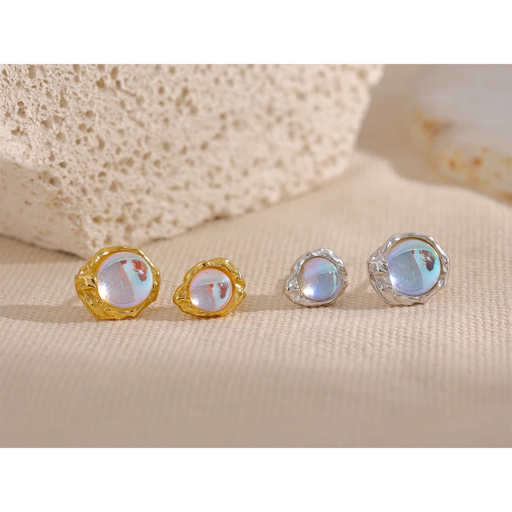 Yhpup-Asymmetric Sterling Silver Stud Earrings, Moonstone Artificial, Misteriosa Moda Textura, Encantos de Luxo, Fine Jewelry, AB