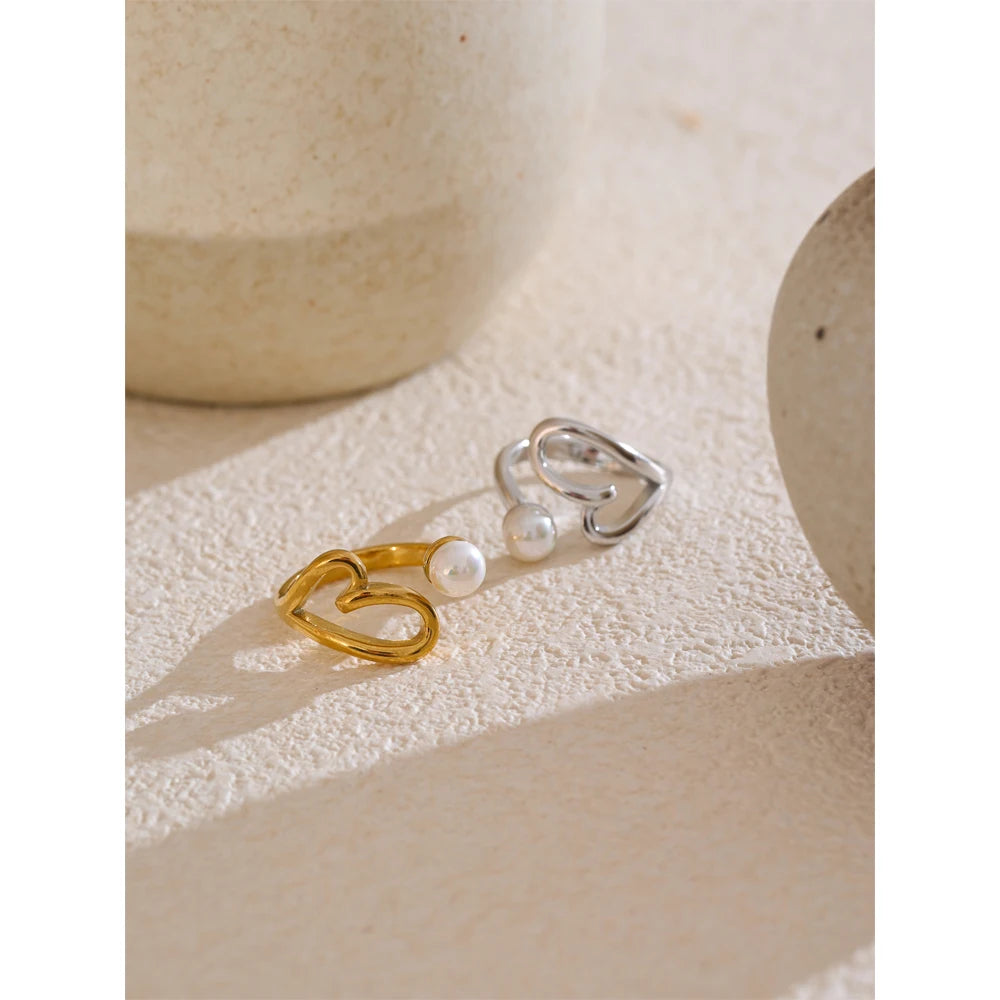 Yhpup recém chegados de aço inoxidável metal coração oco pérola anel ajustável ouro prata cor requintado popular jóias presente