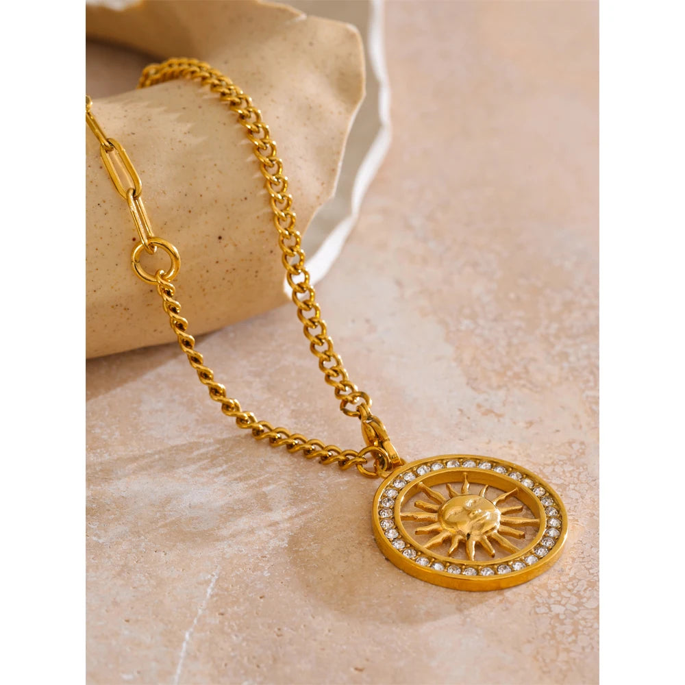 Yhpup estilo quente zircônia redonda sol oco pingente colar 18k cor de ouro aço inoxidável requintado premium jóias presente