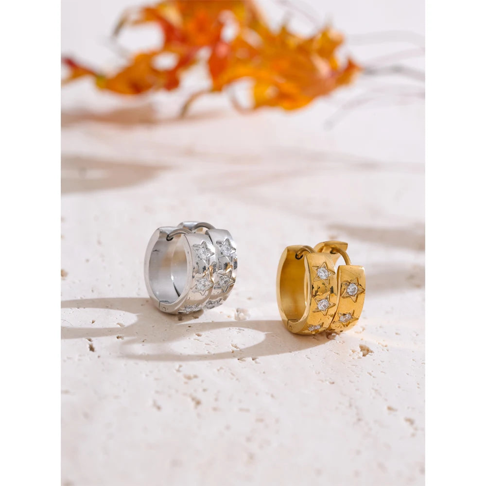 Yhpup tamanho: 16*16mm zircônia estrela redonda brincos de argola diários para mulheres evitam alergias joias chiques de alta qualidade em aço inoxidável