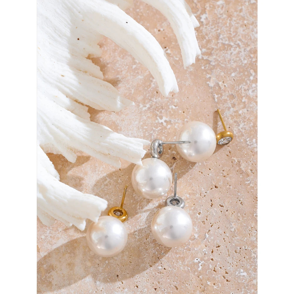 Yhpup estilo coreano imitação de pérolas zircão redondo clássico diário brincos feminino charme de aço inoxidável moda jóias presente