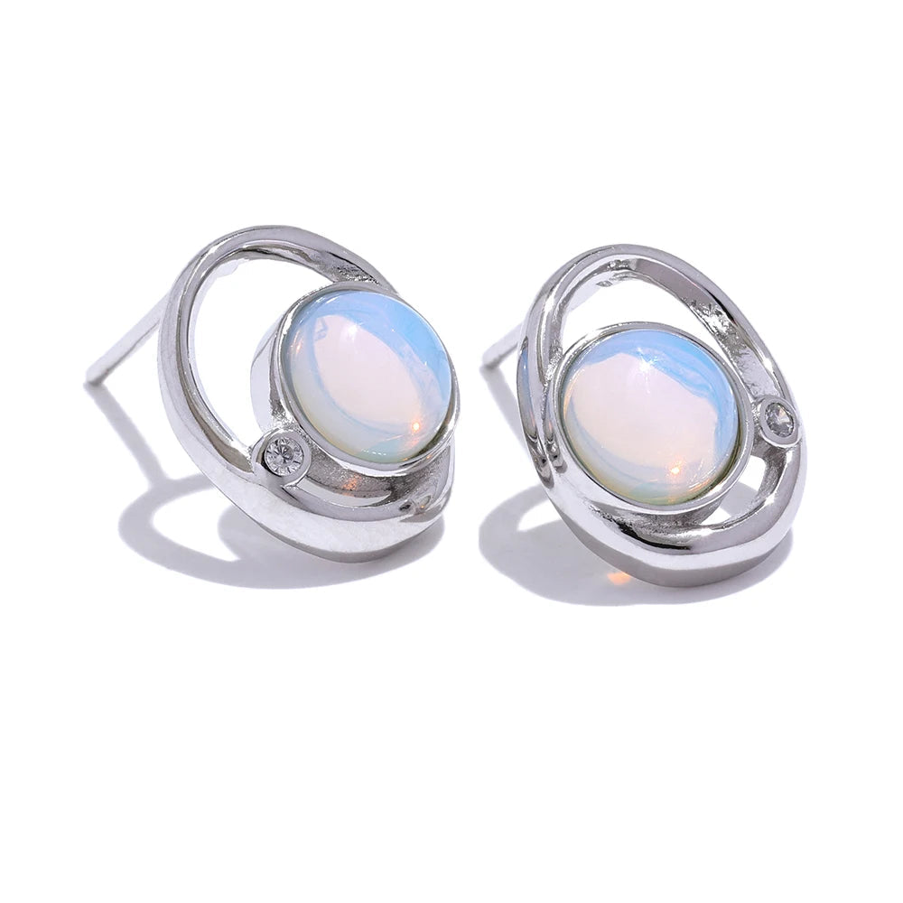 Yhpup moda pedra natural opala concha cz redondo oco brincos para mulheres s925 prata esterlina requintado chique jóias