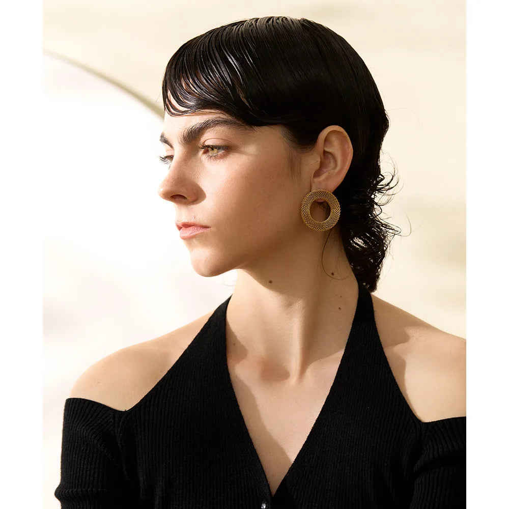 Yhpup 37mm à prova de ferrugem aço inoxidável redondo oco grandes brincos femininos charme textura de metal declaração cor de ouro jóias novo