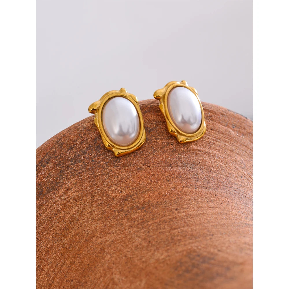 Yhpup elegante pérolas simuladas redondas brincos diários para mulheres 18k banhado a ouro aço inoxidável joias vintage novas