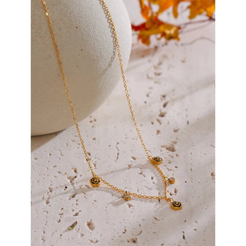 Yhpup preto esmalte flor zircônia corrente gota chique colar pvd banhado a aço inoxidável moda colar 18k jóias