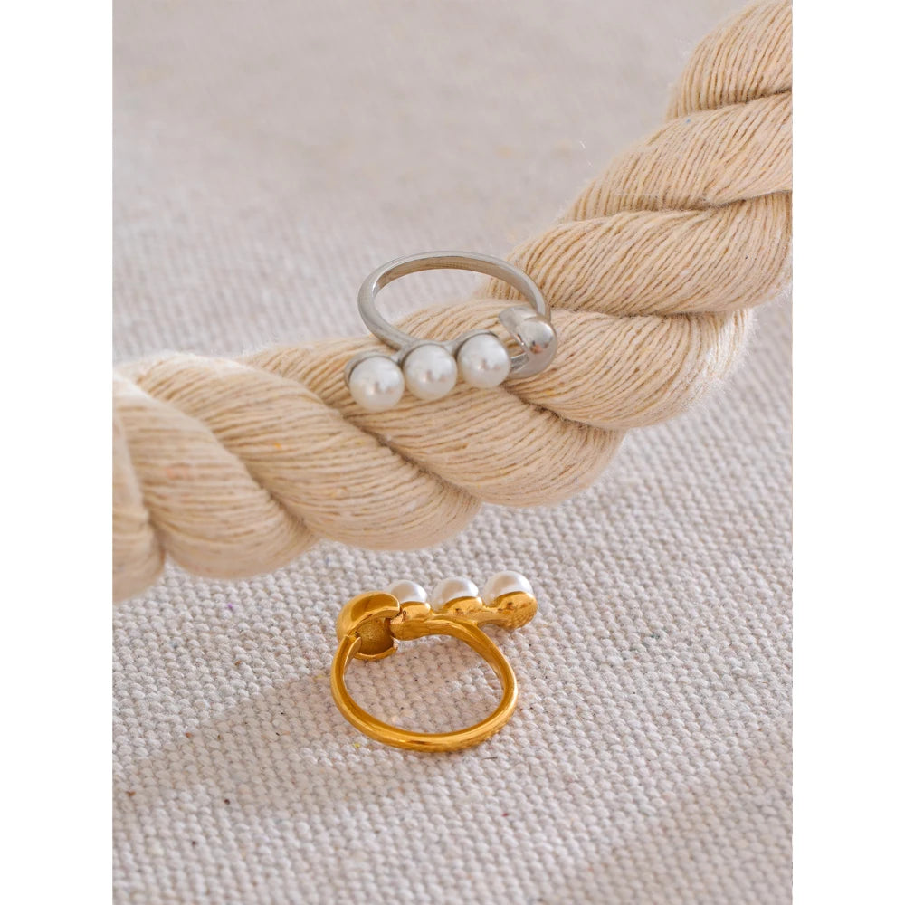 Yhpup requintado moda novo estilo anel de aço inoxidável simulado pérola ouro real 18k ouro pvd banhado jóias para presente feminino