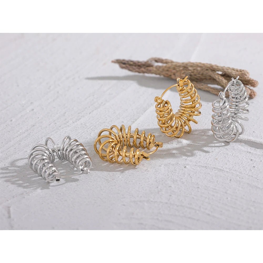 Yhpup brincos de argola redondos ocos geométricos incomuns, à prova d'água, de aço inoxidável, enrolamento de metal, novas joias para mulheres
