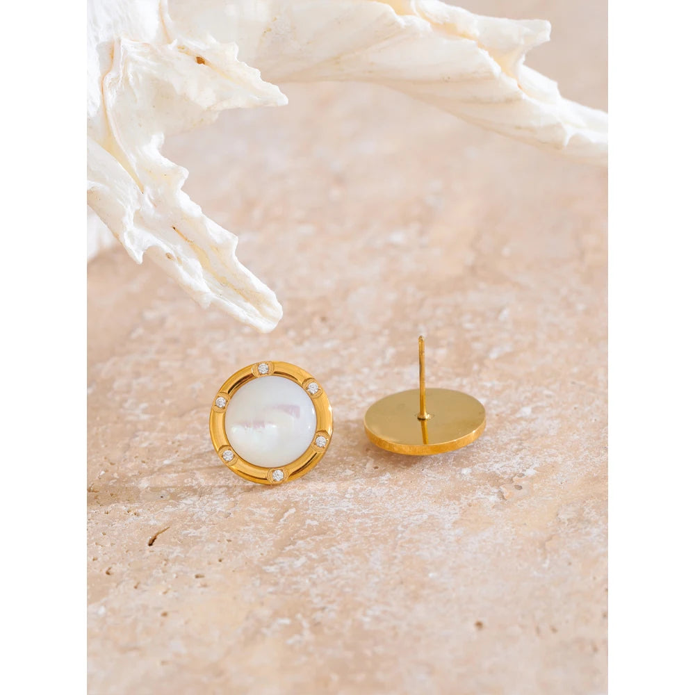 Yhpup alta qualidade moda concha natural zircônia brincos evitar alergia metal dourado premium jóias diárias à prova dwaterproof água