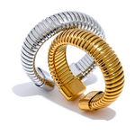 Yhpup moda aço inoxidável redondo elástico aberto anel minimalista 18k pvd banhado metal clássico textura jóias anillo bijoux