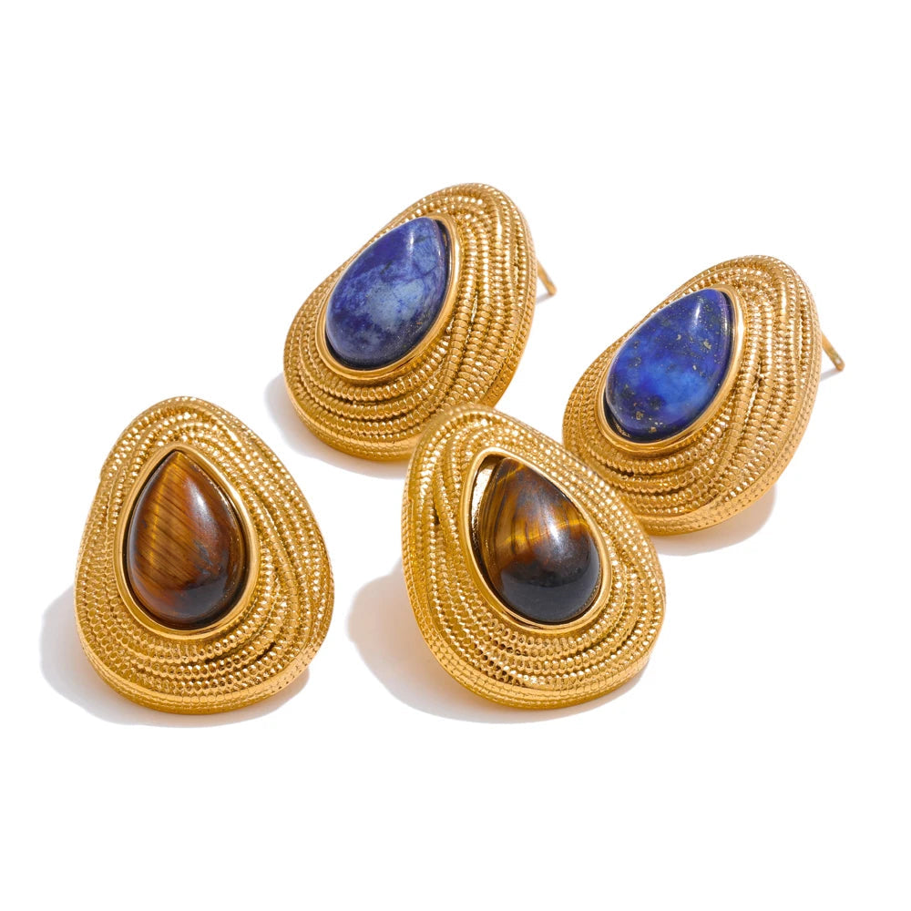 Yhpup gota de água pedra natural moda geométrica diária brincos vintage tigre lápis-lazúli charme jóias cor ouro pvd