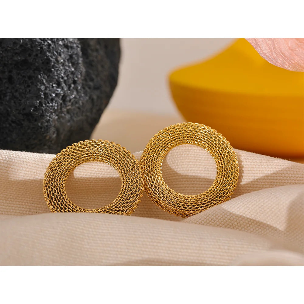 Yhpup 37mm à prova de ferrugem aço inoxidável redondo oco grandes brincos femininos charme textura de metal declaração cor de ouro jóias novo