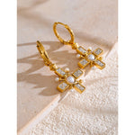 Yhpup brincos de argola com pérolas de zircônia, alta qualidade, cruz, aço inoxidável dourado, temperamento, joias diárias, presente