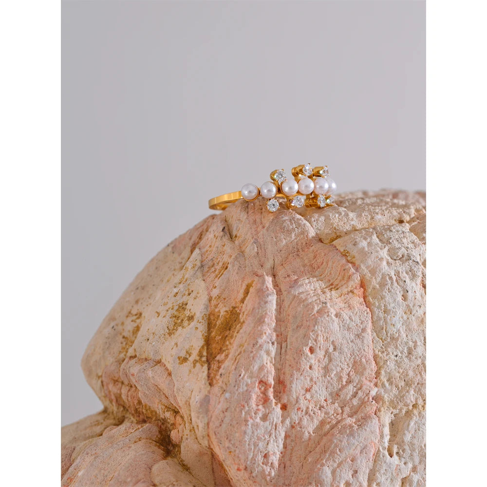 Yhpup delicado moda imitação de pérolas zircônia anel dourado ajustável para mulheres temperamento de aço inoxidável joia diária presente