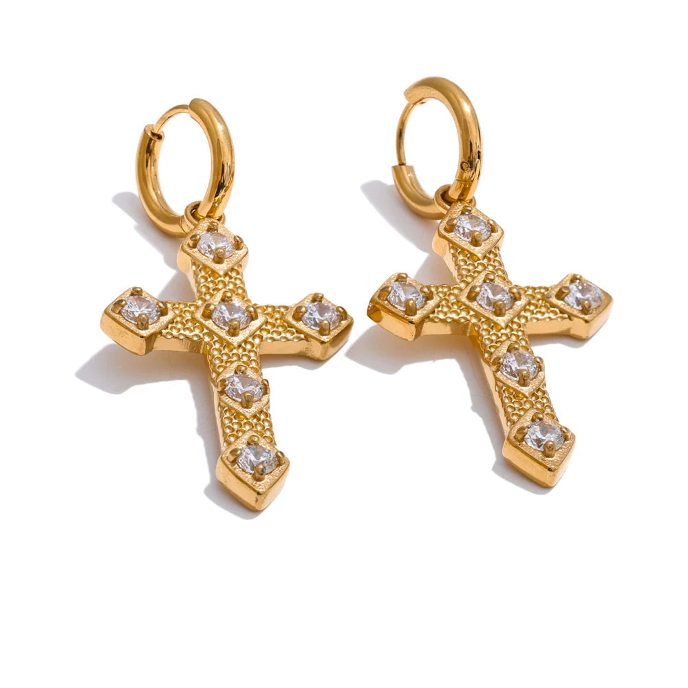 Yhpup tendência bling zircônia cúbica clássico cruz gota brincos de argola 18k cor ouro pvd banhado a aço inoxidável jóias requintadas