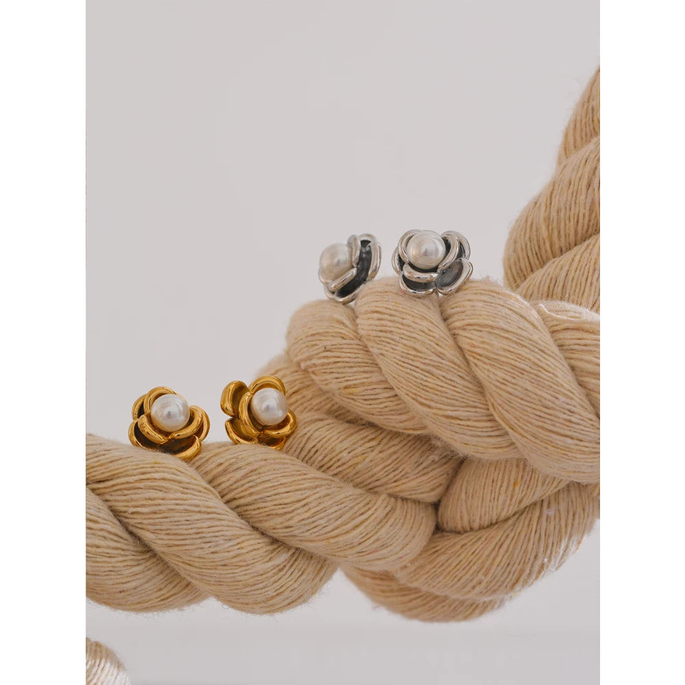 Yhpup brincos modernos de imitação de pérolas e flores para mulheres, pingente diário de aço inoxidável, joias versáteis, presente recomendado