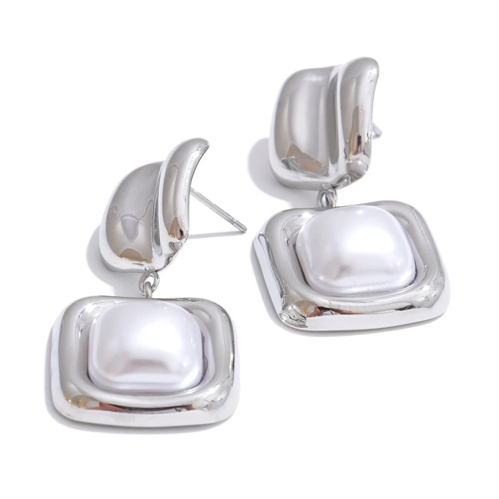 Yhpup elegância imitação de pérolas brincos quadrados anti alérgicos aço inoxidável atraente popular coreano jóias presente