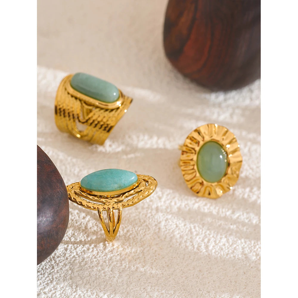 Yhpup verde pedra natural moda anel aberto ajustável aço inoxidável dourado geométrico diário declaração jóias acessórios presente