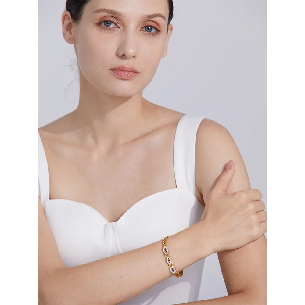 Yhpup charme turco mau olhado pulseira de aço inoxidável moda na moda zircão à prova dwaterproof água cor ouro jóias