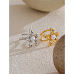 Yhpup tendência estilo metal flor pérola ajustável chique anel para mulheres 316l aço inoxidável moda jóias acessórios presente