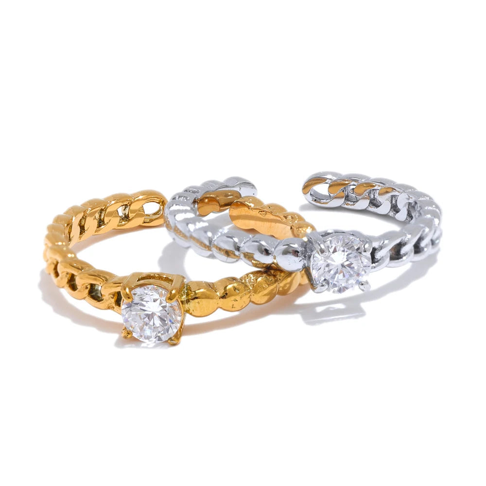 Yhpup popular corrente de metal de aço inoxidável zircônia cúbica aberto anel ajustável 18k pvd banhado requintado moda jóias atacado