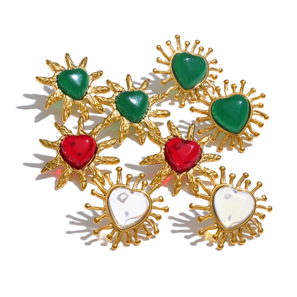 Yhpup Brincos de aço inoxidável com pedra verde, resina vermelha e branca, coração, amor, para mulheres, joias da moda diária