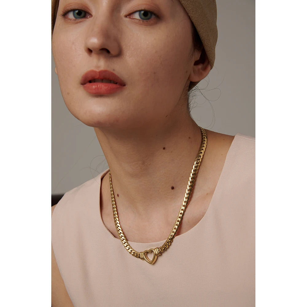 Yhpup coração corrente colar de aço inoxidável para mulheres moda textura de metal colar plano à prova dwaterproof água presente namorada