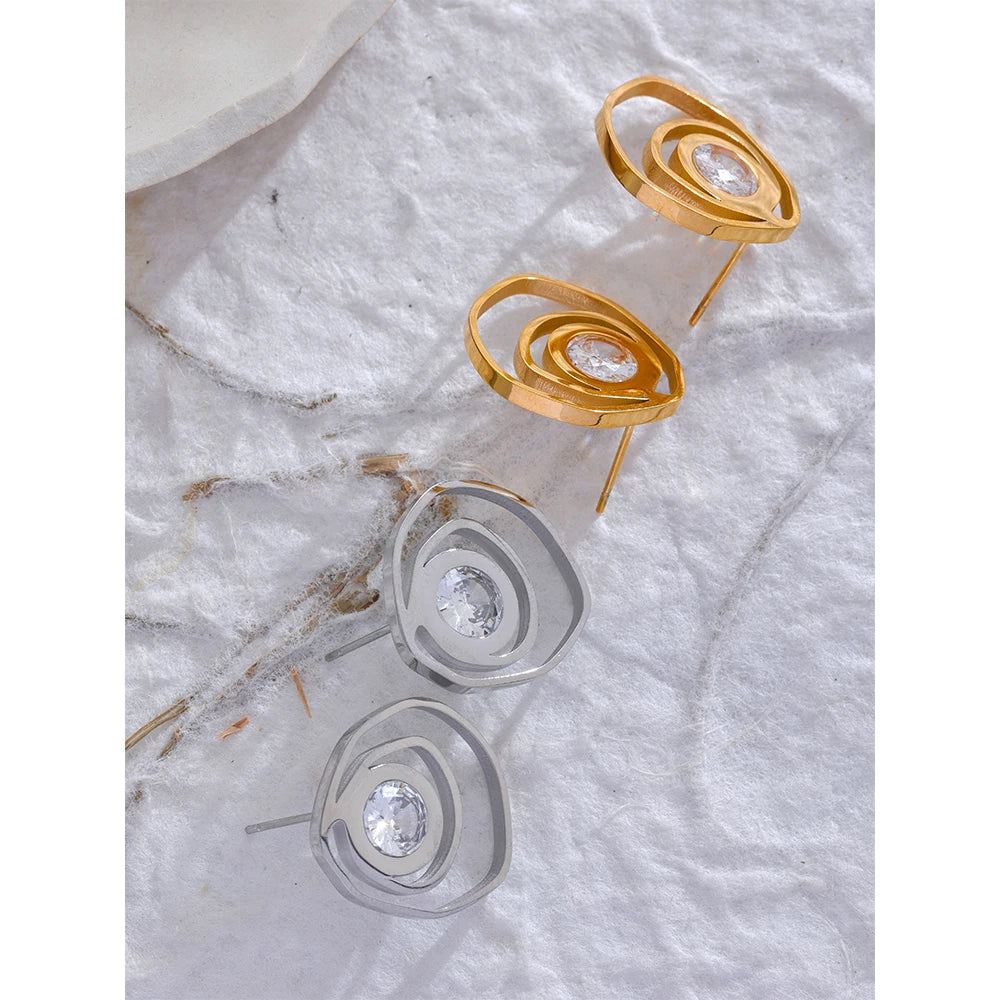 Yhpup novo aço inoxidável geométrico redondo irregular brincos moda zircônia cúbica metal temperamento jóias para mulher