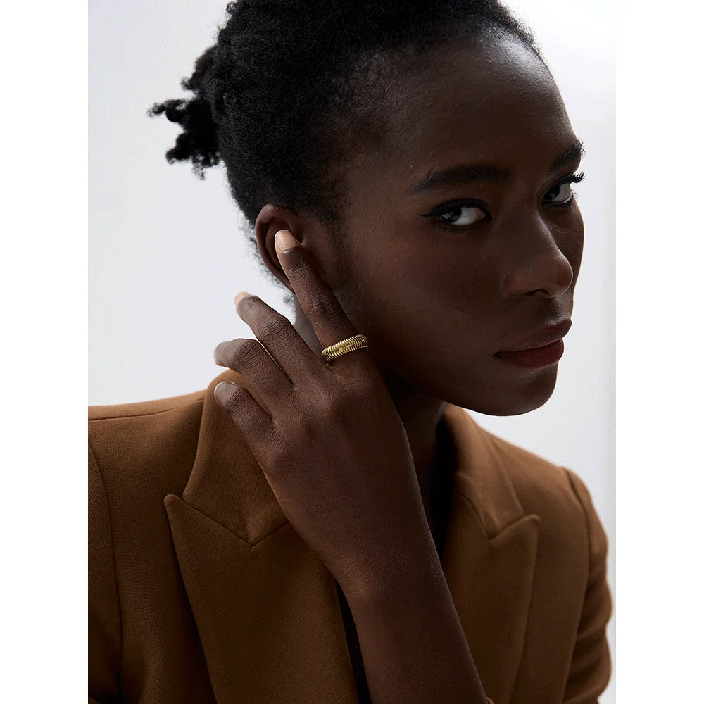 Yhpup moda aço inoxidável redondo elástico aberto anel minimalista 18k pvd banhado metal clássico textura jóias anillo bijoux