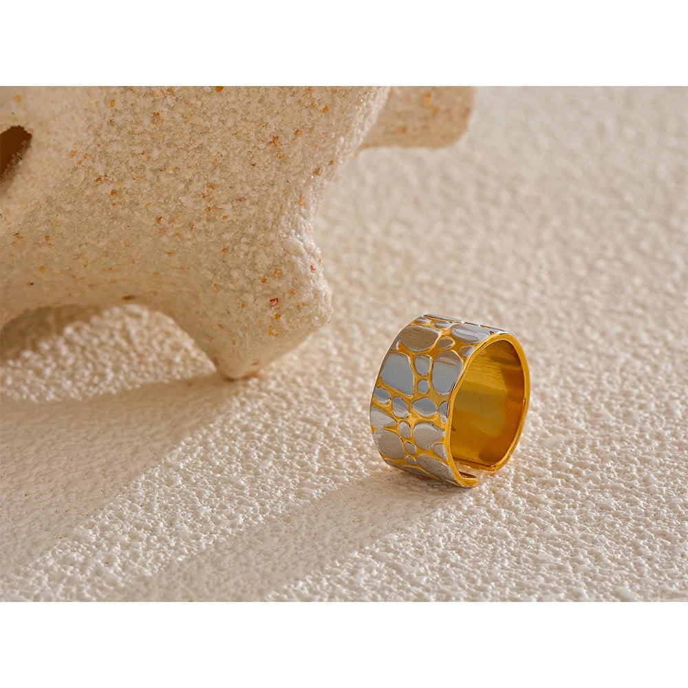 Yhpup Anel de declaração de cor dupla larga de metal de aço inoxidável para mulheres 18K banhado a PVD presente de joia de temperamento personalizado