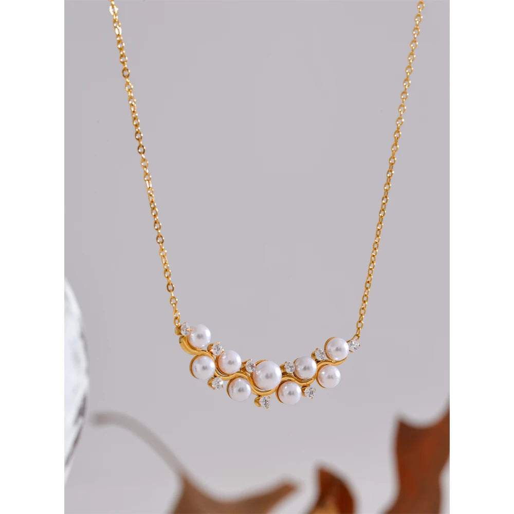 Yhpup elegância simulada pérolas zircônia cúbica colar pingente corrente de aço inoxidável moda romântico pescoço jóias recomendar