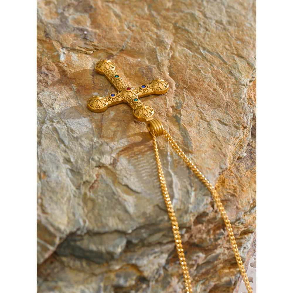 Yhpup declaração de aço inoxidável zircão cruz pingente colar vintage chegadas 18k banhado a ouro moda clássico jóias