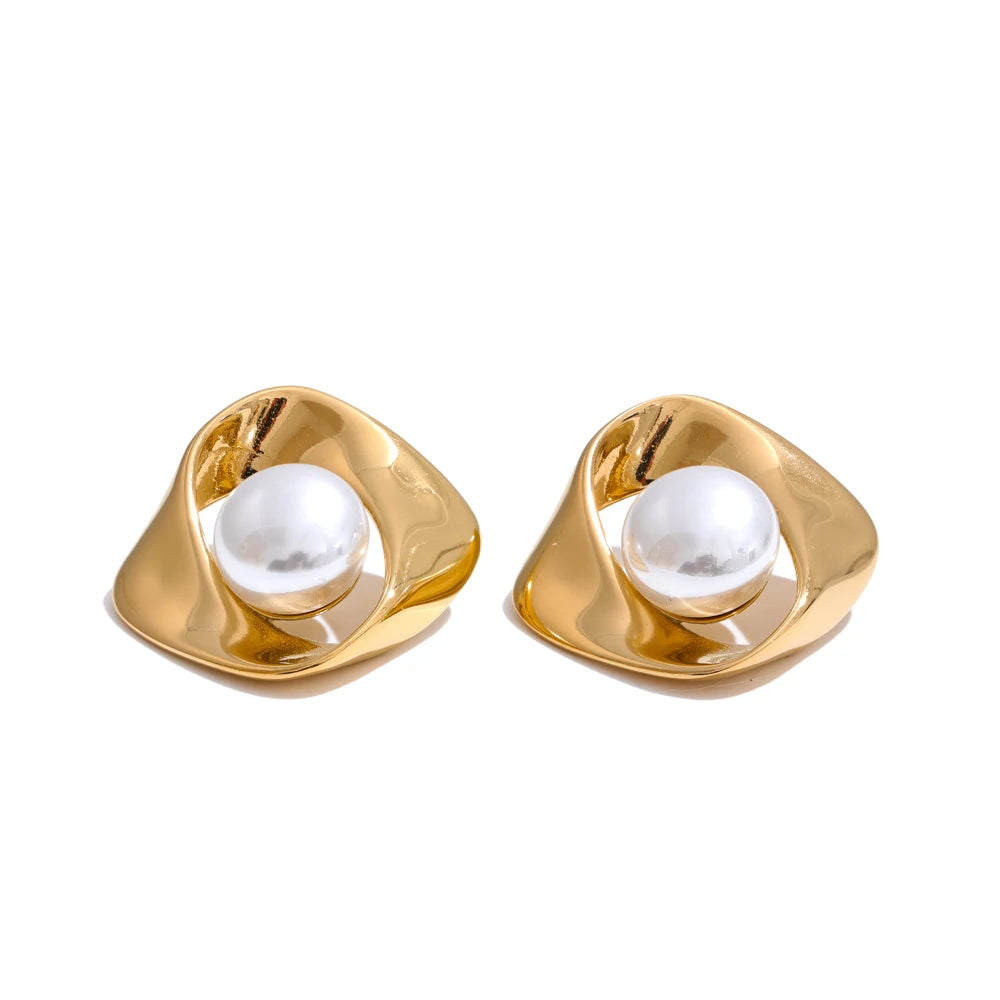 Yhpup estilo coreano imitação de pérola geométrica irregular brinco moda aço inoxidável diário versátil jóias à prova dwaterproof água