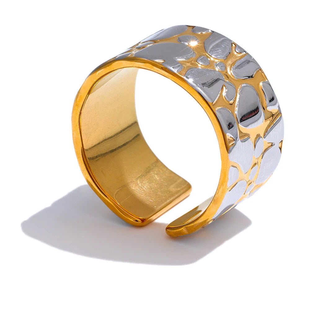 Yhpup Anel de declaração de cor dupla larga de metal de aço inoxidável para mulheres 18K banhado a PVD presente de joia de temperamento personalizado