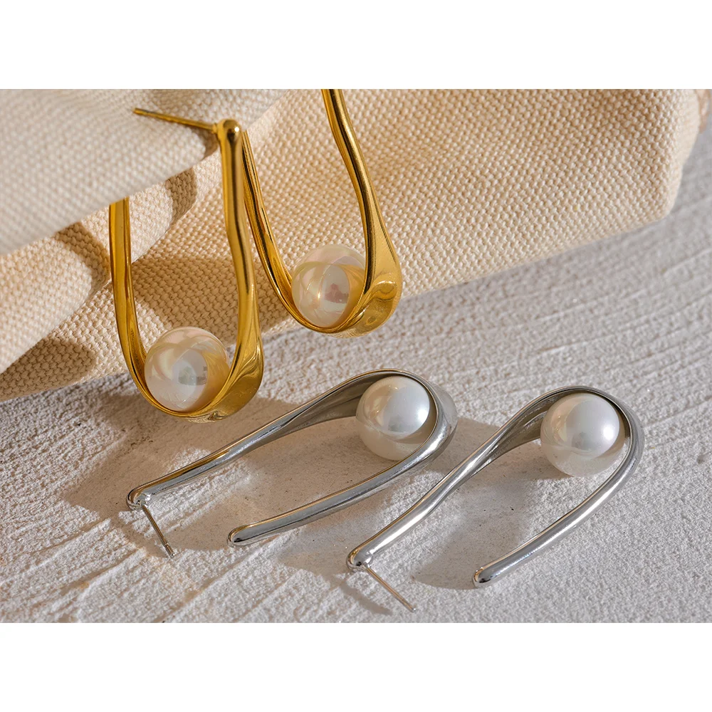 Yhpup minimalista de aço inoxidável redondo imitação de pérolas geométricas huggie brincos ouro prata cor antialérgico jóias presente