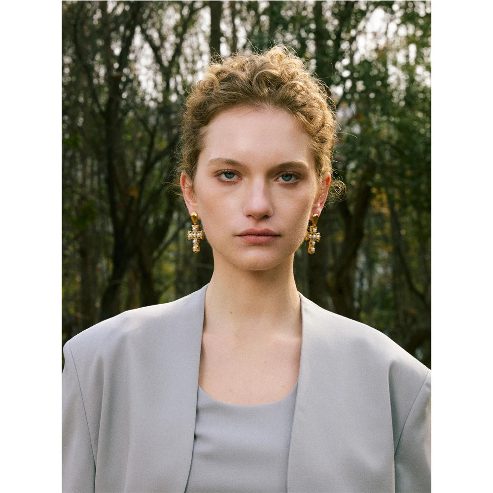 Yhpup vintage imitação de pérolas zircônia cruz brincos 18k cor ouro aço inoxidável joias populares 2025