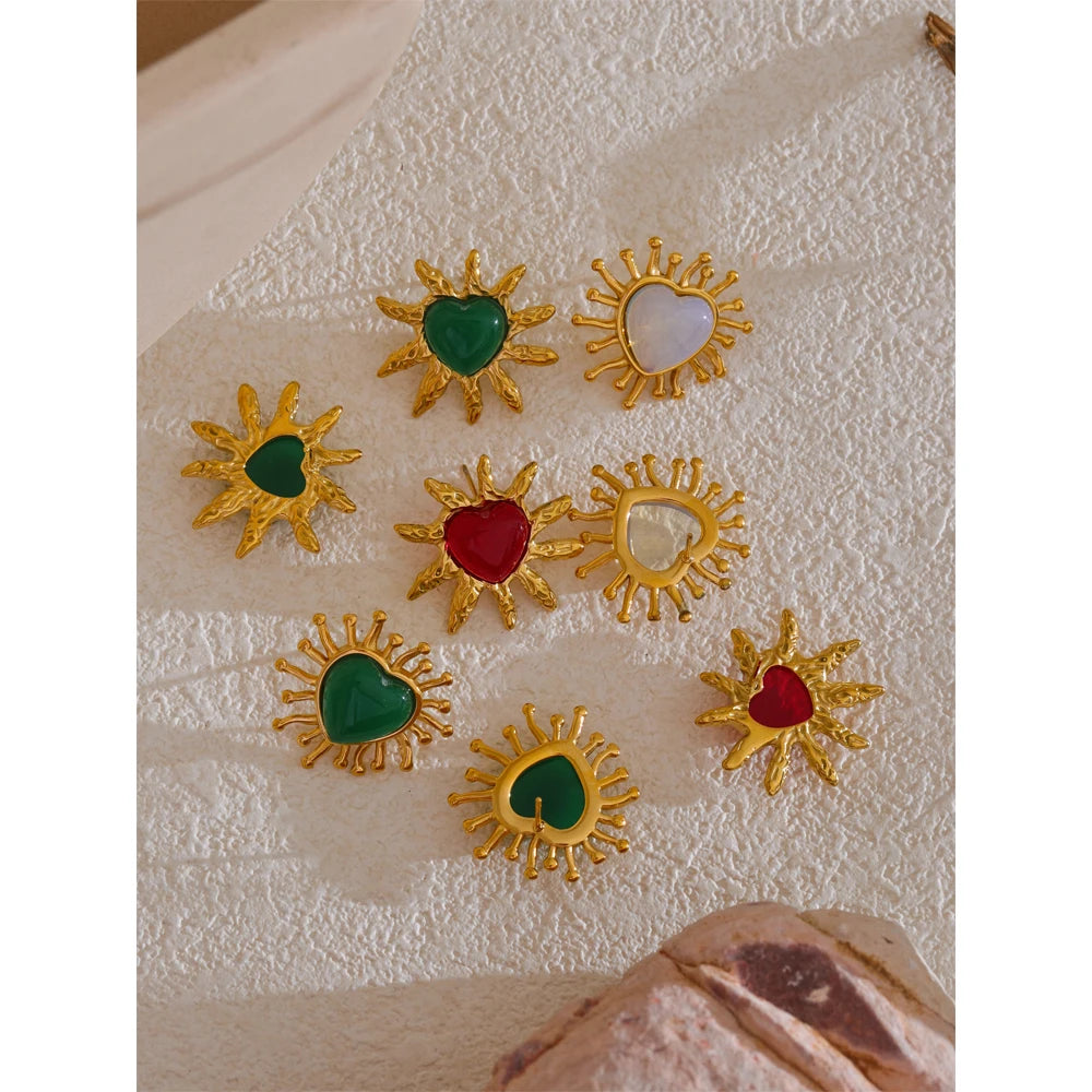 Yhpup Brincos de aço inoxidável com pedra verde, resina vermelha e branca, coração, amor, para mulheres, joias da moda diária