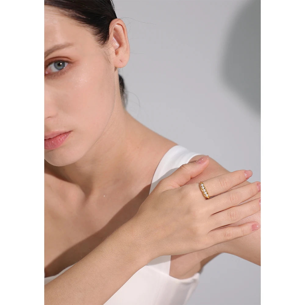 Yhpup chique charme imitação de pérolas à prova dwaterproof água metal aço inoxidável anel aberto nova moda 18k banhado a ouro feminino tendência jóias