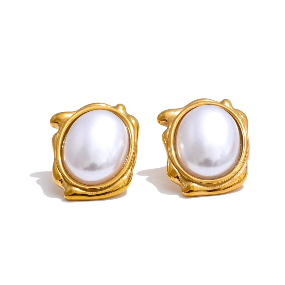 Yhpup elegante pérolas simuladas redondas brincos diários para mulheres 18k banhado a ouro aço inoxidável joias vintage novas