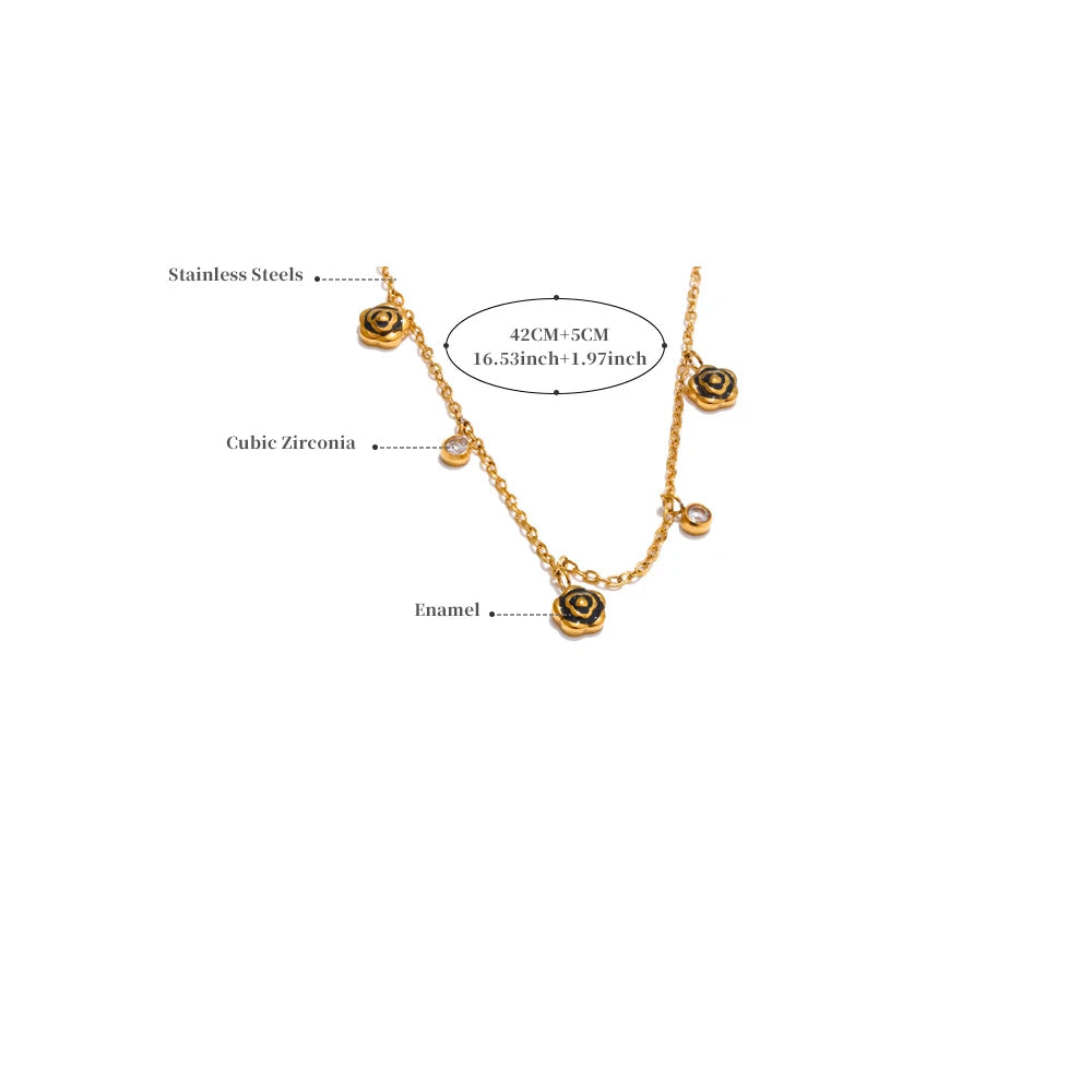 Yhpup preto esmalte flor zircônia corrente gota chique colar pvd banhado a aço inoxidável moda colar 18k jóias