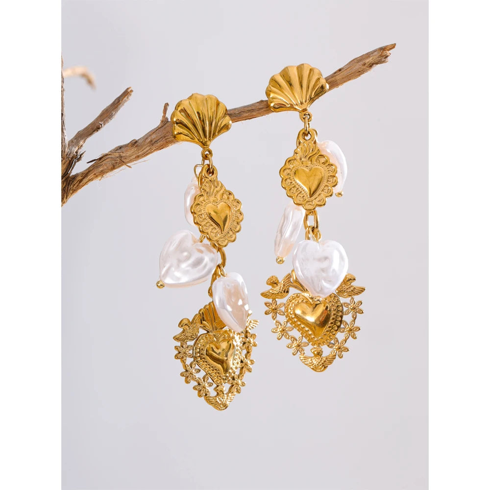 Yhpup barroco imitação de pérolas coração amor gota balançar brincos manuais dourado pvd banhado a aço inoxidável charme jóias de declaração