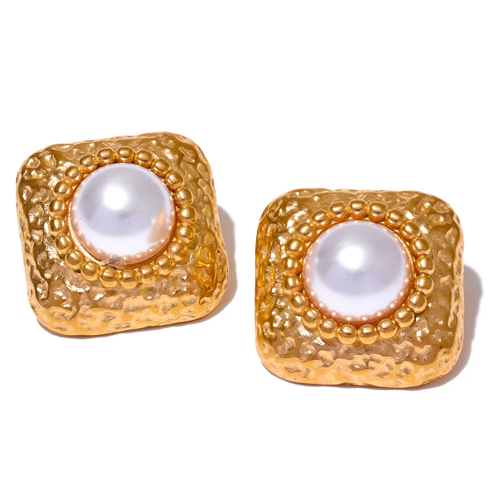 Yhpup-brincos quadrados de aço inoxidável, pérolas de imitação, jóias vintage, moda elegante, evitar alergia, metal, titânio, novo