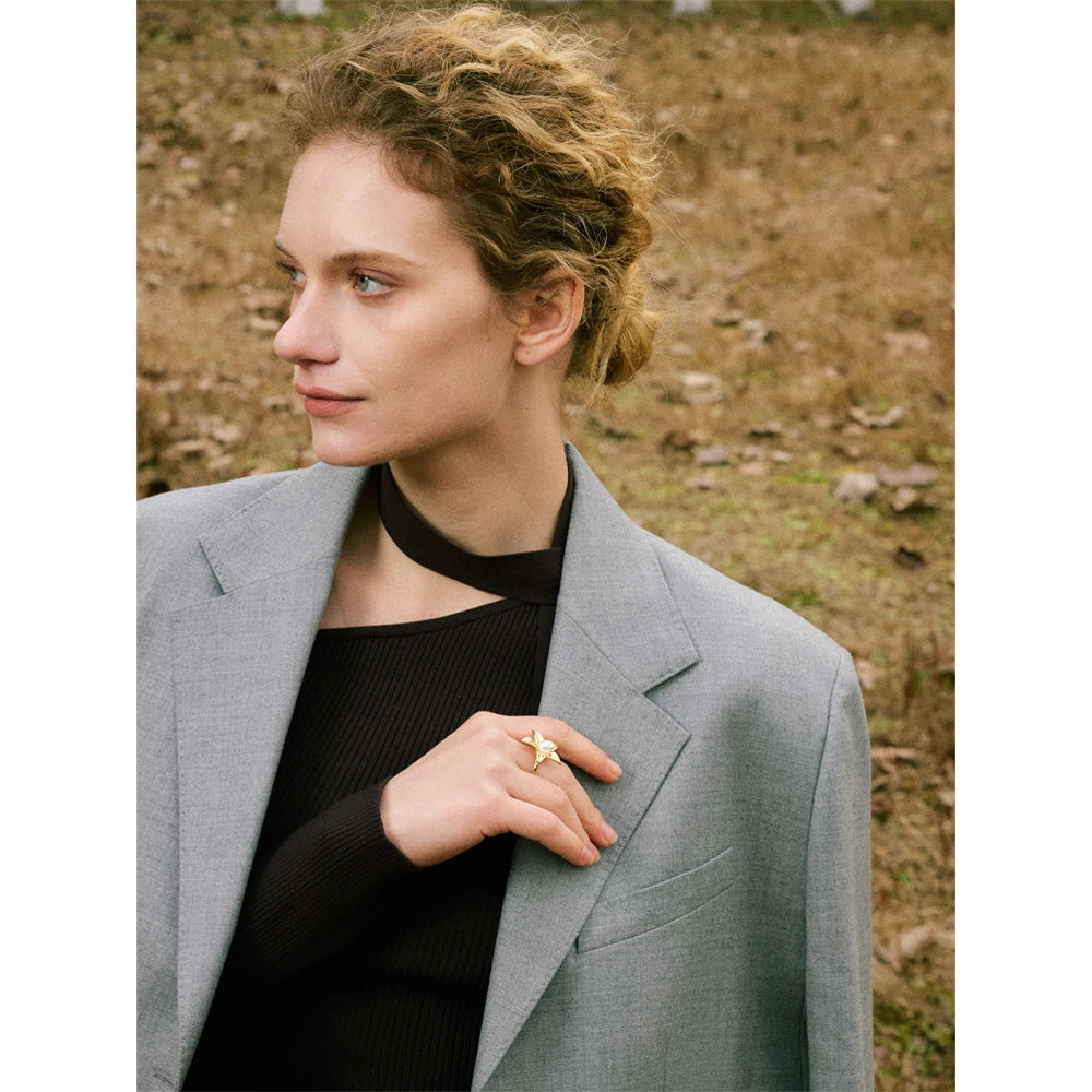 Yhpup tendência estilo metal flor pérola ajustável chique anel para mulheres 316l aço inoxidável moda jóias acessórios presente