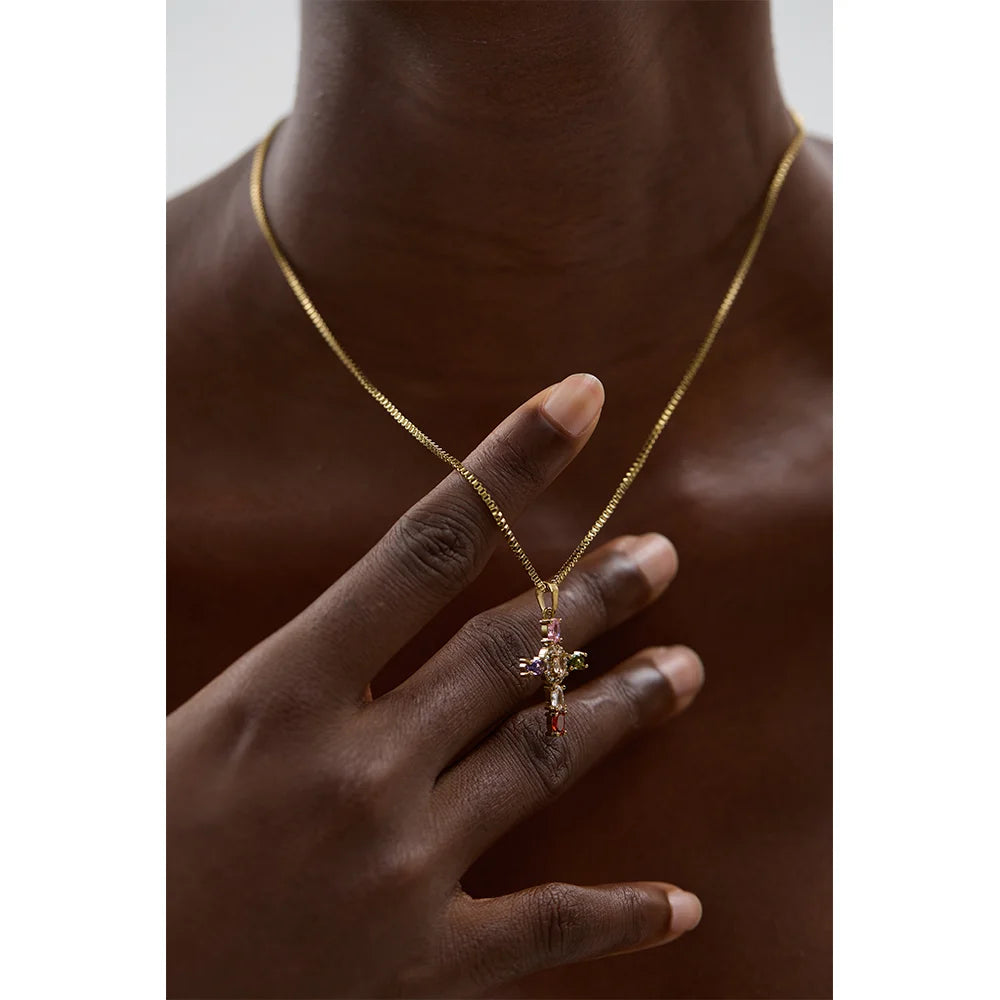Yhpup delicado colorido bling zircônia cúbica cruz pingente de aço inoxidável colar de luxo de alta qualidade moda brilhante jóias presente