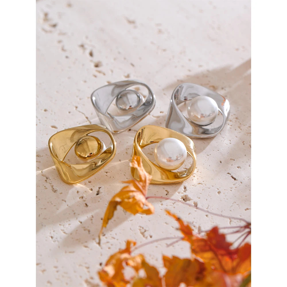 Yhpup estilo coreano imitação de pérola geométrica irregular brinco moda aço inoxidável diário versátil jóias à prova dwaterproof água