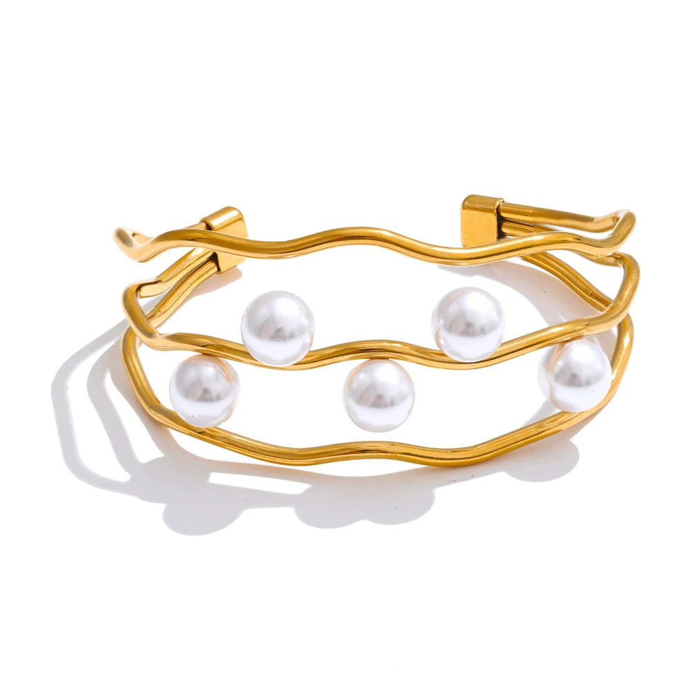 Yhpup 65mm elegância simulada pérolas em camadas oco manguito pulseira 18k cor de ouro aço inoxidável chique jóias de pulso