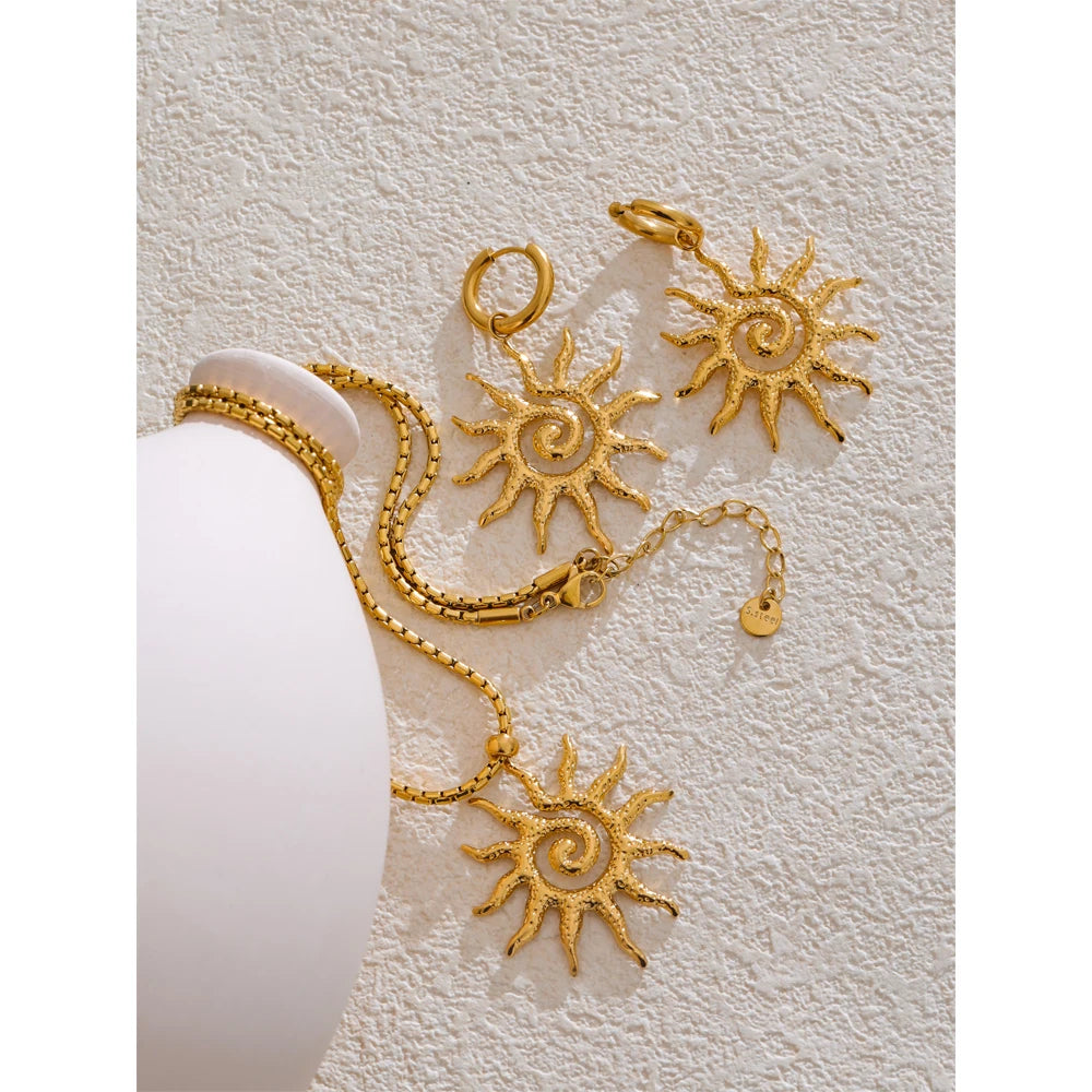 Yhpup novo popular aço inoxidável sol gota colar brincos de argola para mulheres mancha resistente charme conjunto jóias acessórios presente