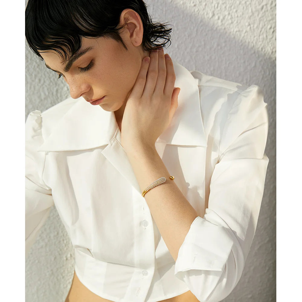 Yhpup elegante imitação de pérolas geométrica aço inoxidável 18k cor ouro manguito pulseira textura personalizada jóias presente